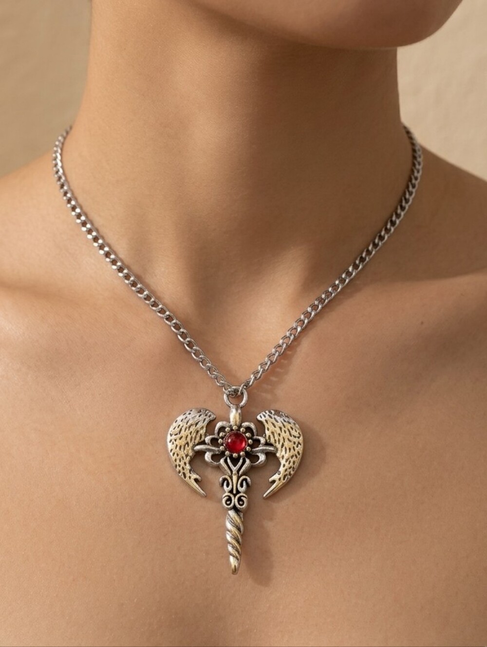 Gothic Angel Wing Pendant Necklace Red Gem